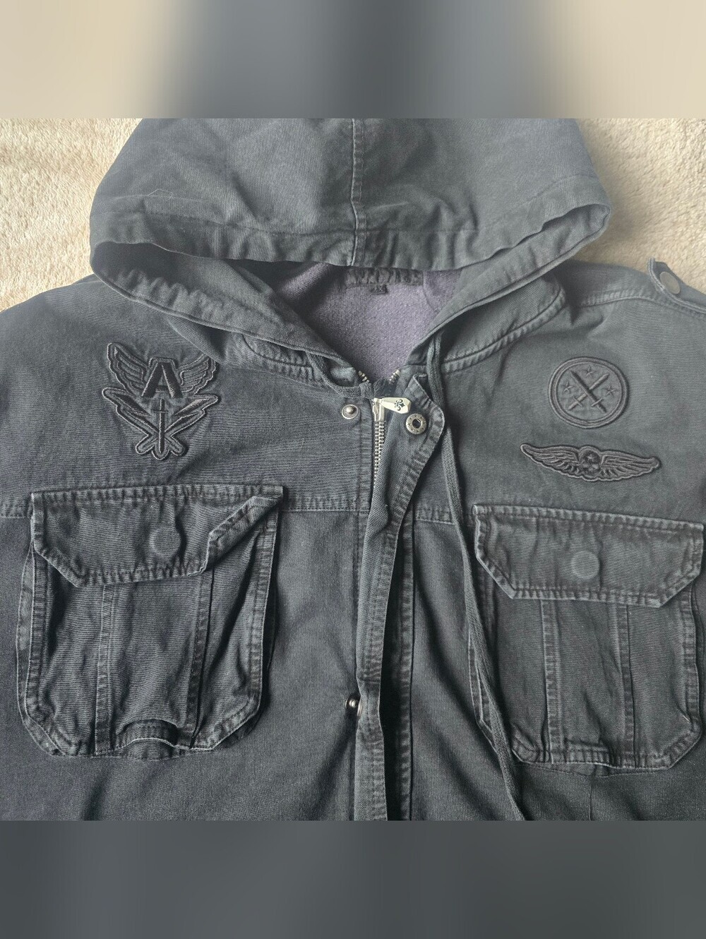 RARE VTG Affliction hybrid hooded denim jacket Mens 2X Full-zip, Black, Y2K - Picture 2 of 16